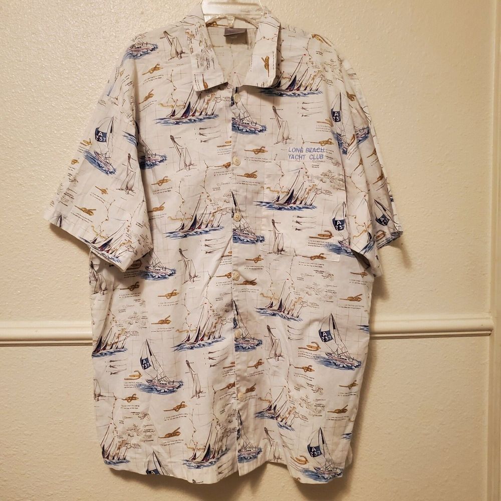 Vintage Nautical Button Shirt W/ Pocket Ships All Over Long Beach Yacht Club 2XL